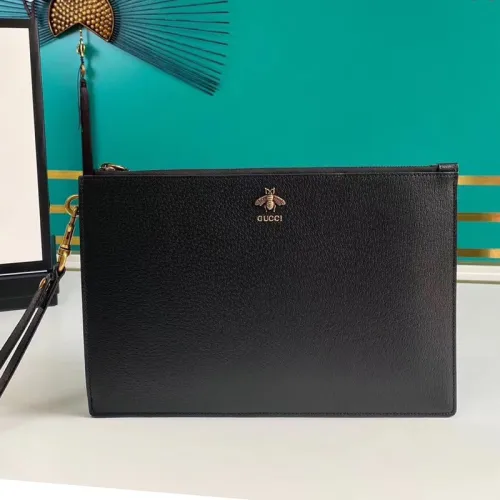 Gucci Mens Bags Clutch Pouch Luxury Brand Animalier leather pouch in black leather with Original Box 523684 DJ20T 1000