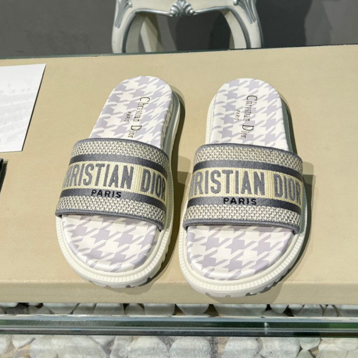 Dior Women Shoes Slippers DWAY SLIDE Luxury Brand DWAY SLIDE Cotton Embroidery with Micro Houndstooth with Original Box KCQ550PPE_S19O