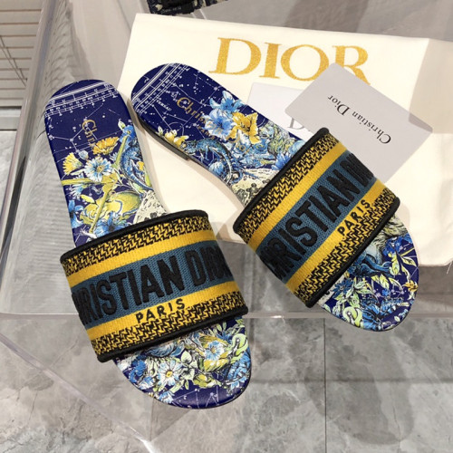 Dior Women Shoes DWAY HEELED SLIDE Embroidered Cotton Luxury Brand Womens Sandals Slippers with Original Box KCQ244ERC_S56B
