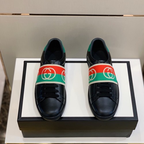 Gucci Womens Shoes Fashion Sneakers Luxury Brand Women's Ace sneaker with elastic Web in Black Leather with Original Box