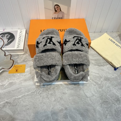 Louis Vuitton Womens Shoes Slide Slippers for Winter Wool Fabric Luxury Brand Designer PASEO FLAT COMFORT MULE with Original Box
