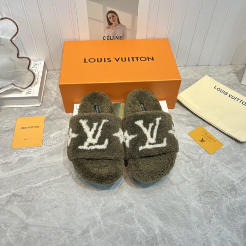 Louis Vuitton Womens Shoes Slide Slippers for Winter Wool Fabric Luxury Brand Designer PASEO FLAT COMFORT MULE with Original Box