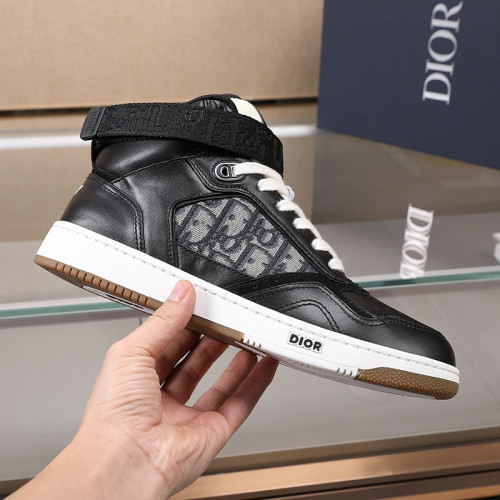 Dior Men Shoes Sneakers Luxury B27 High-Top Sneaker Black Smooth Calfskin With Beige And Black Dior Oblique Jacquard