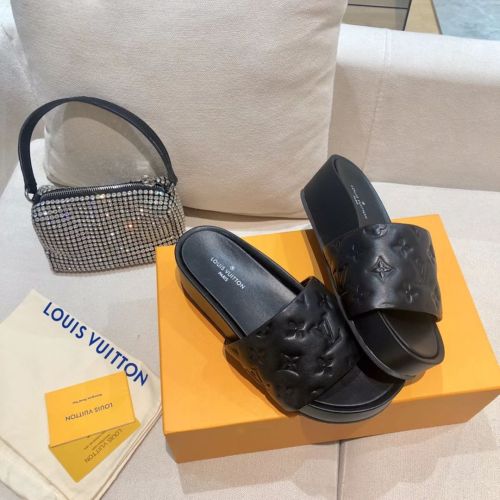 Louis Vuitton Womens Shoes Sandals Slippers Luxury Brand Louis Vuitton JUMBO FLATFORM MULE with Original Box 1A9QYY Black Monogram-embossed lambskin