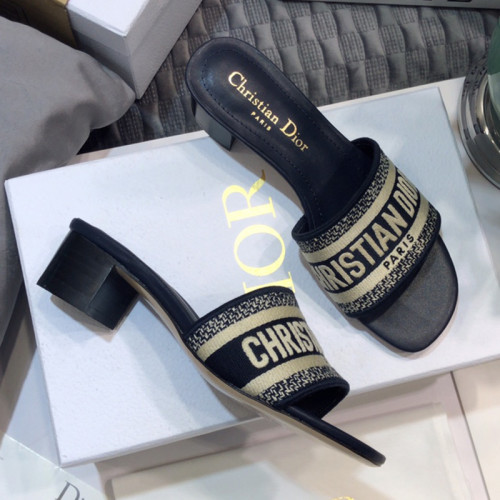 Dior Women Shoes DWAY HEELED SLIDE Deep Blue Embroidered Cotton Luxury Brand Womens Sandals Slippers with Original Box KCQ244ERC_S56B