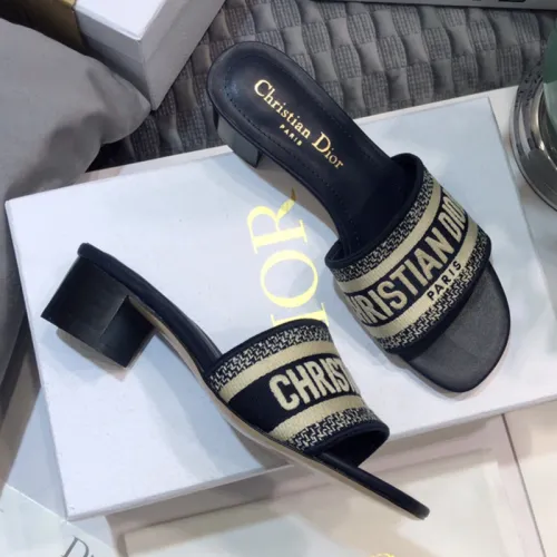 Dior Women Shoes DWAY HEELED SLIDE Deep Blue Embroidered Cotton Luxury Brand Womens Sandals Slippers with Original Box KCQ244ERC_S56B