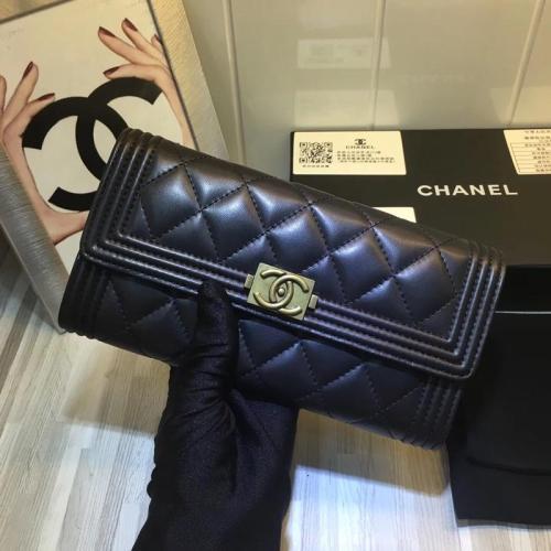 Chanel Womens Bag Wallets Clutch Luxury Brand Boy Chanel Long Flap Wallet Lambskin & Gold-Tone Metal Black A80286 Y07659 94305