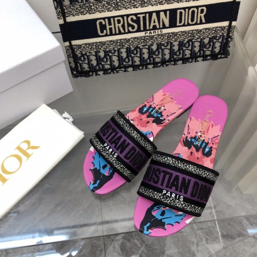 Dior Women Shoes DWAY HEELED SLIDE Embroidered Cotton Luxury Brand Womens Sandals Slippers with Original Box KCQ244ERC_S56B