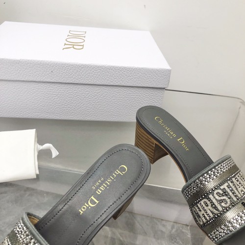 Dior Women Shoes DWAY HEELED SLIDE Embroidered Cotton Luxury Brand Womens Sandals Slippers with Original Box KCQ244ERC_S56B