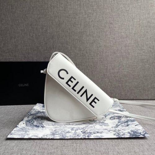 Celine Womens Bag TRIANGLE BAG IN SMOOTH CALFSKIN WITH CELINE PRINT WHITE 195903DCS.01BC