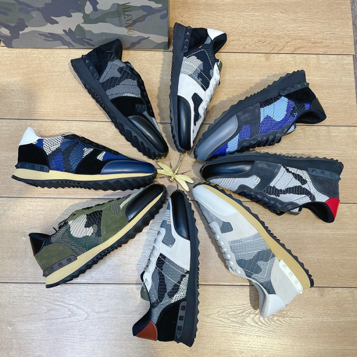 Valentino Men Shoes Fashion Design Luxury Brand ROCKRUNNER CAMOUFLAGE LAMINATED STUDDED SNEAKER with Original Box