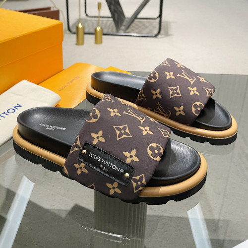 Louis Vuitton Womens Shoes Sandals Slippers Luxury Brand Louis Vuitton POOL PILLOW FLAT COMFORT MULE 1AAEBX Cacao Brown Monogram nylon Adjustable velcro strap