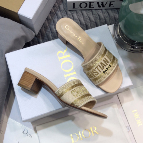 Dior Women Shoes DWAY HEELED SLIDE Embroidered Cotton Luxury Brand Womens Sandals Slippers with Original Box KCQ244ERC_S56B