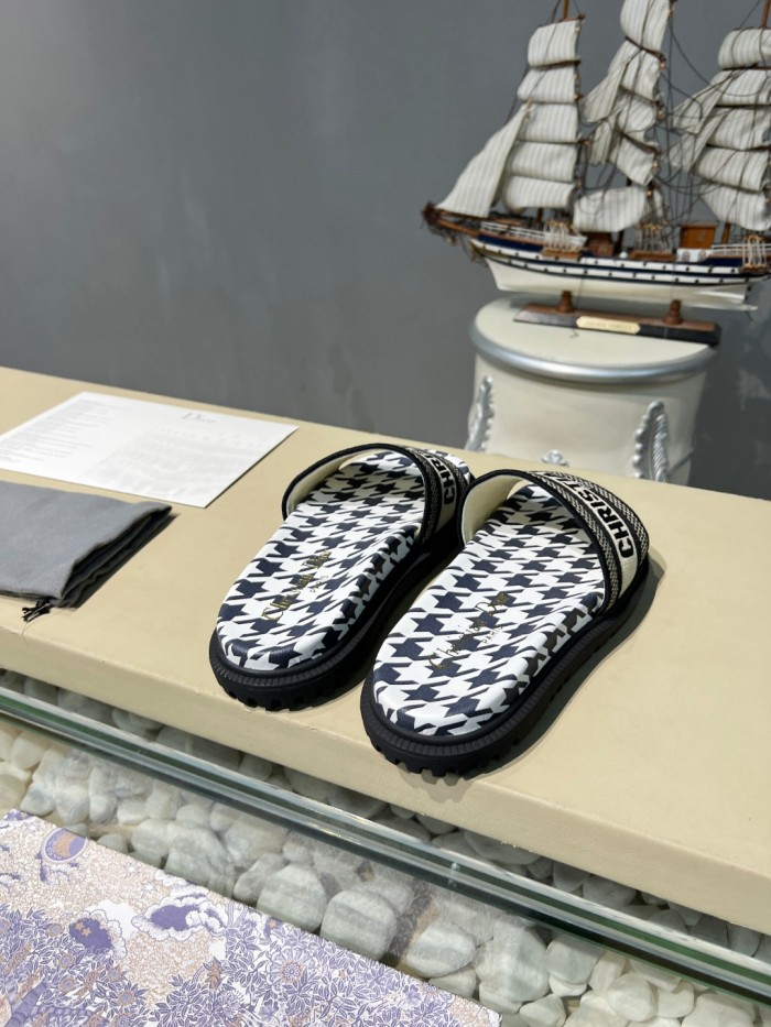 Dior Women Shoes Slippers DWAY SLIDE Luxury Brand DWAY SLIDE Cotton Embroidery with Micro Houndstooth with Original Box KCQ550PPE_S19O