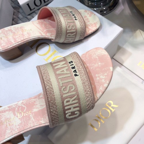 Dior Women Shoes DWAY HEELED SLIDE Embroidered Cotton Luxury Brand Womens Sandals Slippers with Original Box KCQ244ERC_S56B