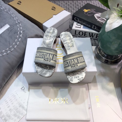 Dior Women Shoes DWAY HEELED SLIDE Embroidered Cotton Luxury Brand Womens Sandals Slippers with Original Box KCQ244ERC_S56B
