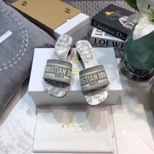 Dior Women Shoes DWAY HEELED SLIDE Embroidered Cotton Luxury Brand Womens Sandals Slippers with Original Box KCQ244ERC_S56B
