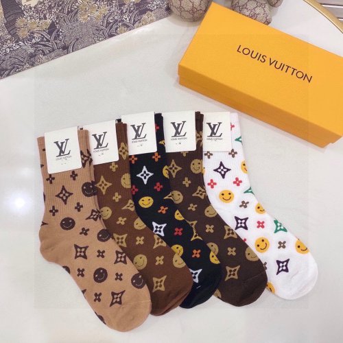 Louis Vuitton Socks 5 Pairs with Original Box Luxury Brand Breathable LV Sock