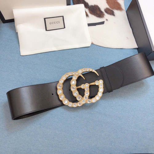 Gucci Womens Belts Luxury Design Black Wide Leather Belt with Pearl Double G