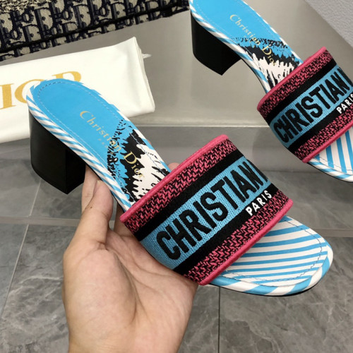 Dior Women Shoes DWAY HEELED SLIDE Embroidered Cotton Luxury Brand Womens Sandals Slippers with Original Box KCQ244ERC_S56B