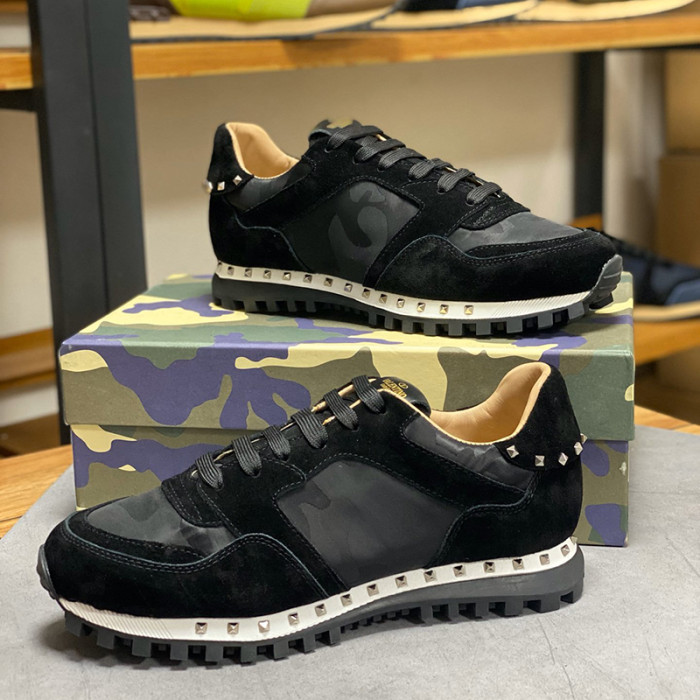 Valentino Men Shoes Fashion Design Luxury Brand ROCKRUNNER CAMOUFLAGE LAMINATED STUDDED SNEAKER with Original Box