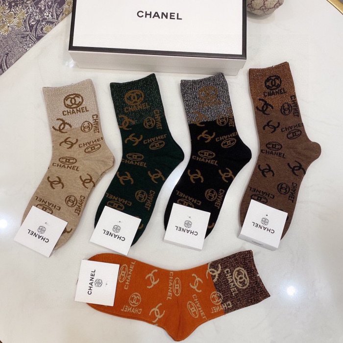 Chanel Socks 5 Pairs with Original Box Luxury Brand Breathable Chanel Sock