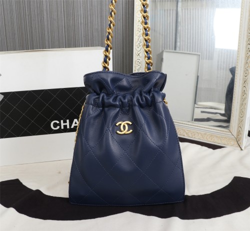 Chanel Womens Bags Drawstring Backpack Shopping Bag Shiny Lambskin & Gold-Tone Metal Navy Blue