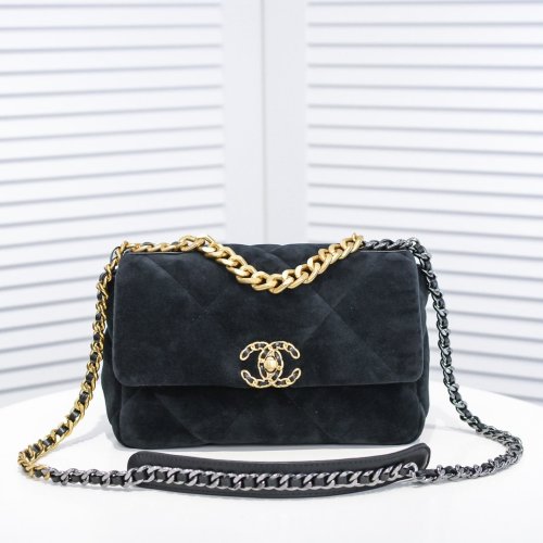 Chanel Womens Bags Crossbody Bag Chanel 19 Flap Bag Velvet, Black & Gold-Tone Metal Black