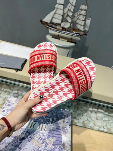 Dior Women Shoes Slippers DWAY SLIDE Luxury Brand DWAY SLIDE Cotton Embroidery with Micro Houndstooth with Original Box KCQ550PPE_S19O