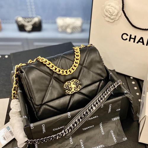 Chanel Womens Shoulder Bags Luxury Chanel 19 Large Flap Bag Goatskin, Gold-Tone, Silver-Tone & Ruthenium-Finish Metal Black