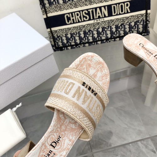 Dior Women Shoes DWAY HEELED SLIDE Embroidered Cotton Luxury Brand Womens Sandals Slippers with Original Box KCQ244ERC_S56B