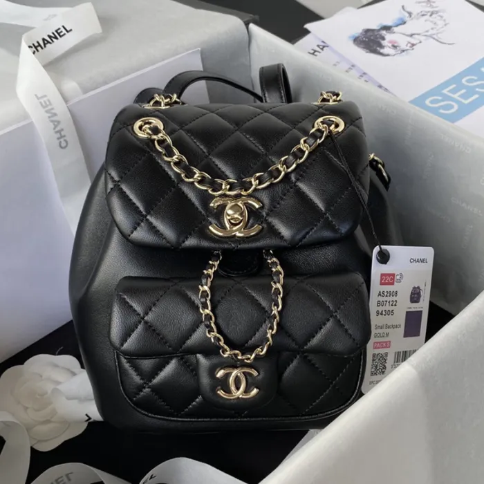 Chanel Womens Bags Drawstring Backpacks Shopping Bag Shiny Lambskin & Gold-Tone Metal with Original Box