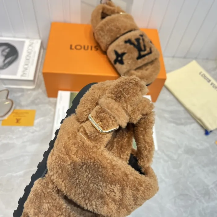 Louis Vuitton Womens Shoes Slide Slippers for Winter Wool Fabric Luxury Brand Designer PASEO FLAT COMFORT MULE with Original Box