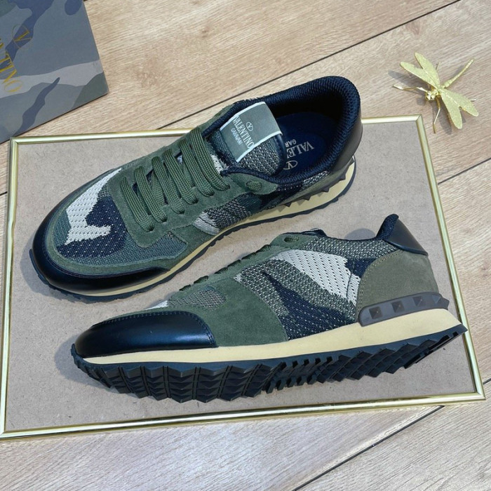 Valentino Men Shoes Fashion Design Luxury Brand ROCKRUNNER CAMOUFLAGE LAMINATED STUDDED SNEAKER with Original Box