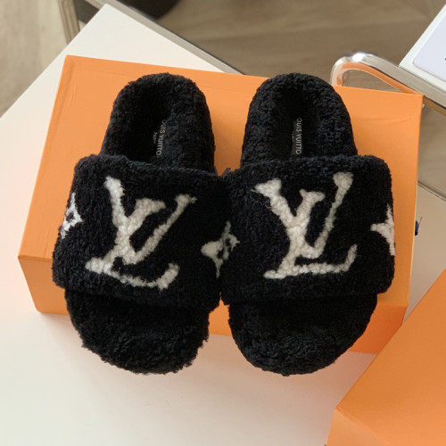 Louis Vuitton Womens Shoes Slide Slippers for Winter Wool Fabric Luxury Brand Designer PASEO FLAT COMFORT MULE with Original Box