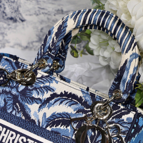 Dior Womens Bags Handbags Luxury Fashion MEDIUM LADY D-LITE BAG Blue Dior Palms Embroidery M0565OREU_M928
