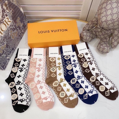 Louis Vuitton Socks 5 Pairs with Original Box Luxury Brand Breathable LV Sock