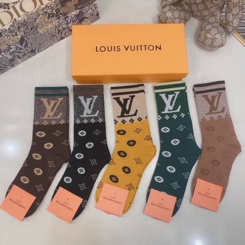 Louis Vuitton Socks 5 Pairs with Original Box Luxury Brand Breathable LV Sock