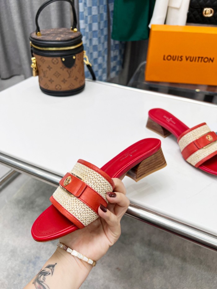 Louis Vuitton Womens Shoes Slide Slippers Luxury Brand Designer LOCK IT MULE 1AA17M Raffia and calf leather with Original Box 3.5cm Heel