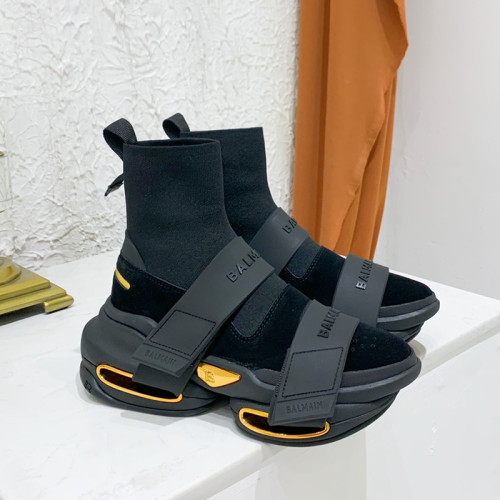 Balmain Women Shoes Sneakers Luxury Brand Black high-top suede and knit BBold sneakers with strap TN0C499TKSE0PA