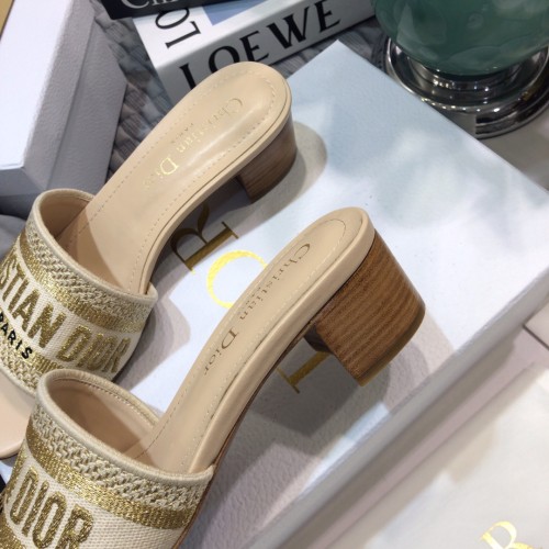 Dior Women Shoes DWAY HEELED SLIDE Embroidered Cotton Luxury Brand Womens Sandals Slippers with Original Box KCQ244ERC_S56B