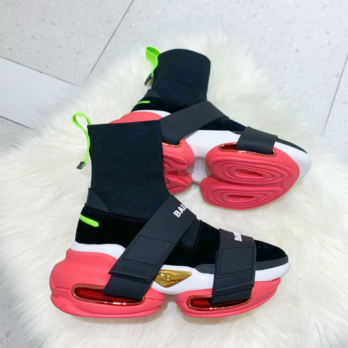 Balmain Women Shoes Sneakers Luxury Brand EXCLUSIVE - Black and pink high-top suede and knit BBold sneakers with strap TN0C498TKSEEAX