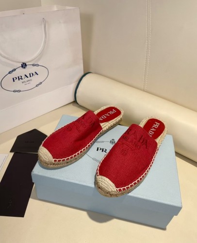 Prada Womens Shoes Casual Luxury Brand Breathable Hemp espadrilles Shoes Sandals Slippers with Original Box