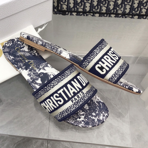 Dior Women Shoes DWAY HEELED SLIDE Embroidered Cotton Luxury Brand Womens Sandals Slippers with Original Box KCQ244ERC_S56B