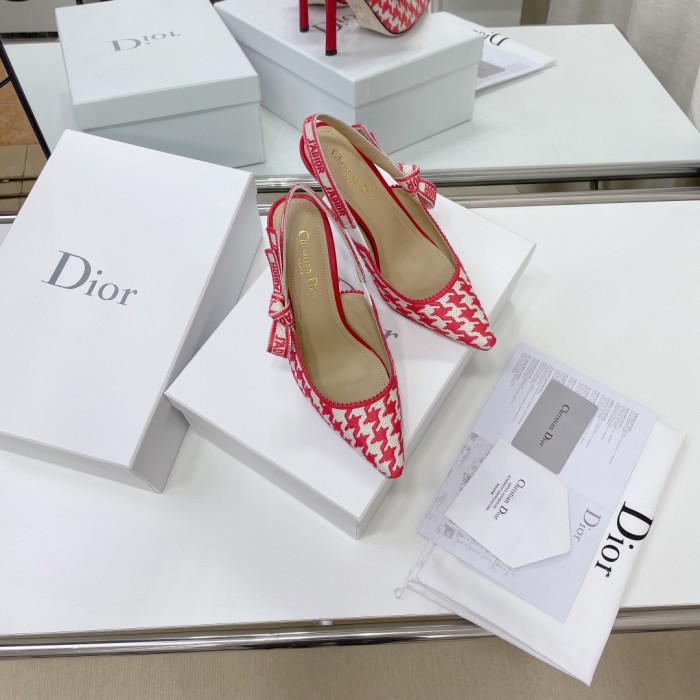 Dior Women Shoes Pumps Luxury Design Fashion Type High Heel Shoes for Wedding Style J'ADIOR SLINGBACK PUMP Peony Pink Cotton Embroidery with Micro Houndstooth Motif with Original Box KCP866PPE_S55P