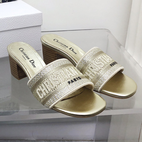 Dior Women Shoes DWAY HEELED SLIDE Embroidered Cotton Luxury Brand Womens Sandals Slippers with Original Box KCQ244ERC_S56B