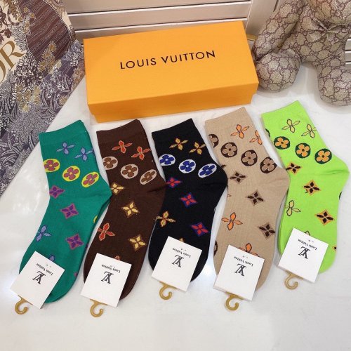 Louis Vuitton Socks 5 Pairs with Original Box Luxury Brand Breathable LV Sock