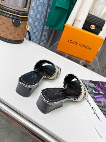 Louis Vuitton Womens Shoes Slide Slippers Luxury Brand Designer LOCK IT MULE 1AA17M Raffia and calf leather with Original Box 3.5cm Heel