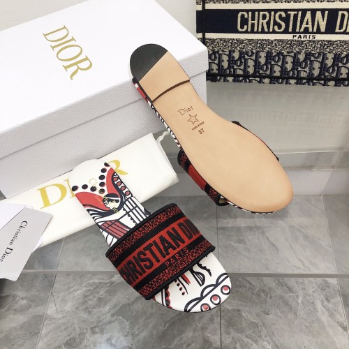 Dior Women Shoes DWAY HEELED SLIDE Embroidered Cotton Luxury Brand Womens Sandals Slippers with Original Box KCQ244ERC_S56B