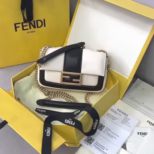 Fendi Womens Bag MINI BAGUETTE CHAIN Black and White Nappa Leather Bag